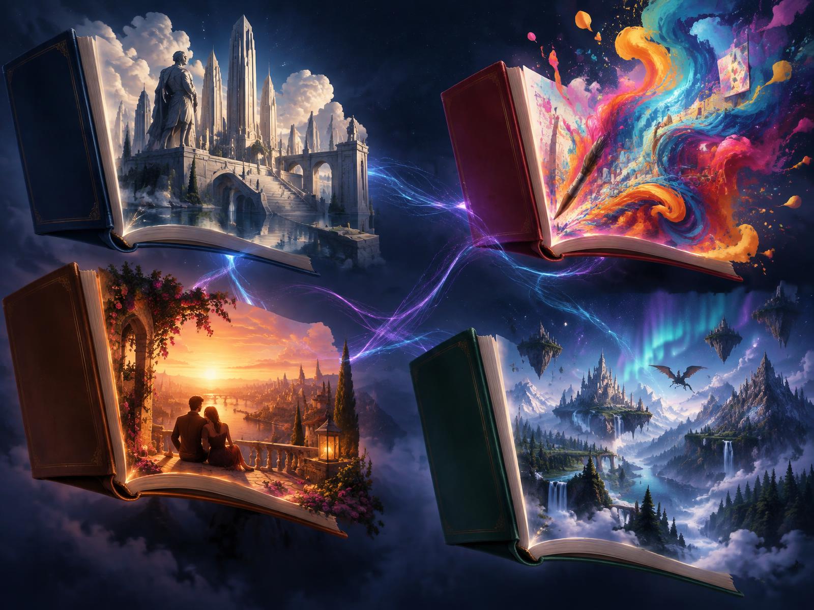 Illustrated books opening into worlds of architecture, creativity, romance and fantasy, joined by luminous threads